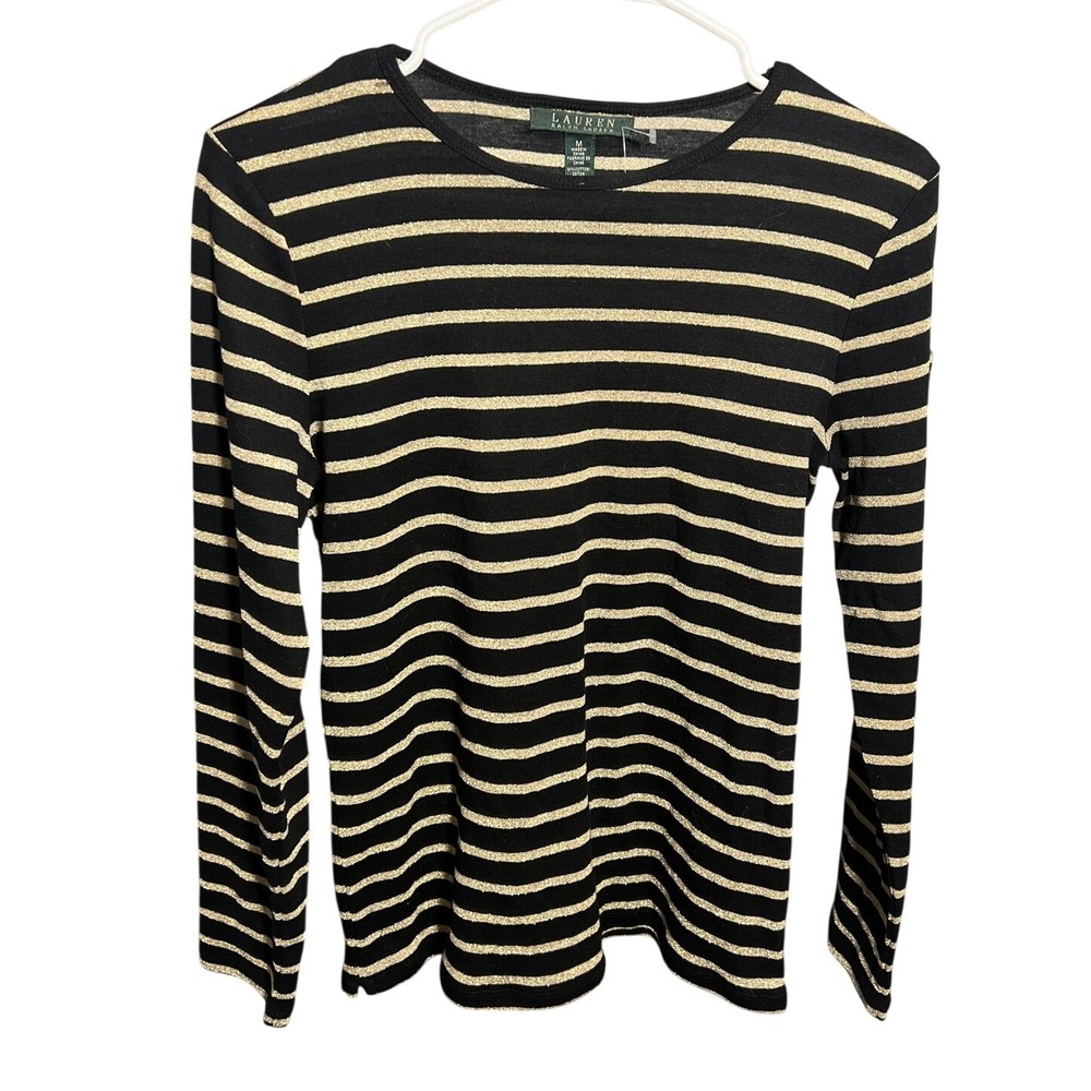 Lauren Ralph Lauren Women's‎ Black Gold Stripe Long Sleeve Knit Top Size M